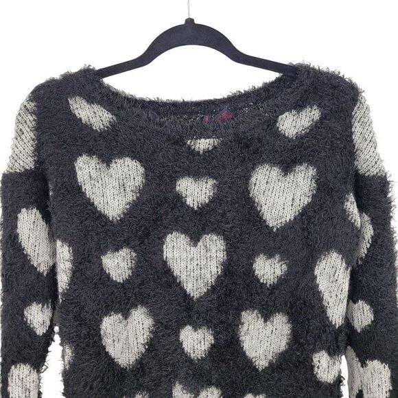 Vintage Fuzzy Eyelash Sweater‎ XS Black White Heart Stretch Whimsical Kidcore - Picture 4 of 11